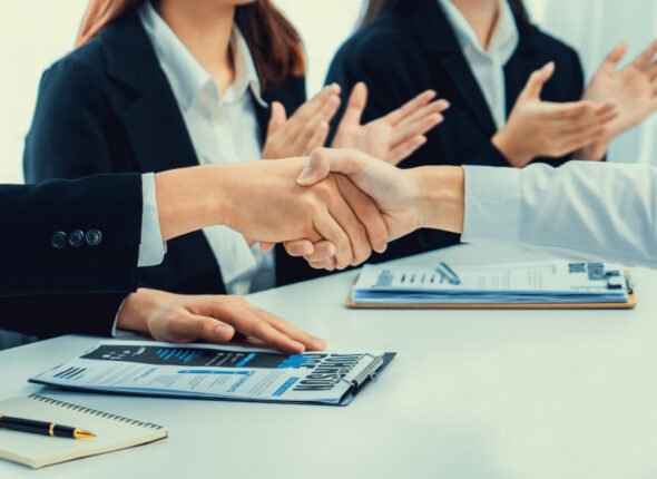 Handshake job interview success or making successful business oratory agreement